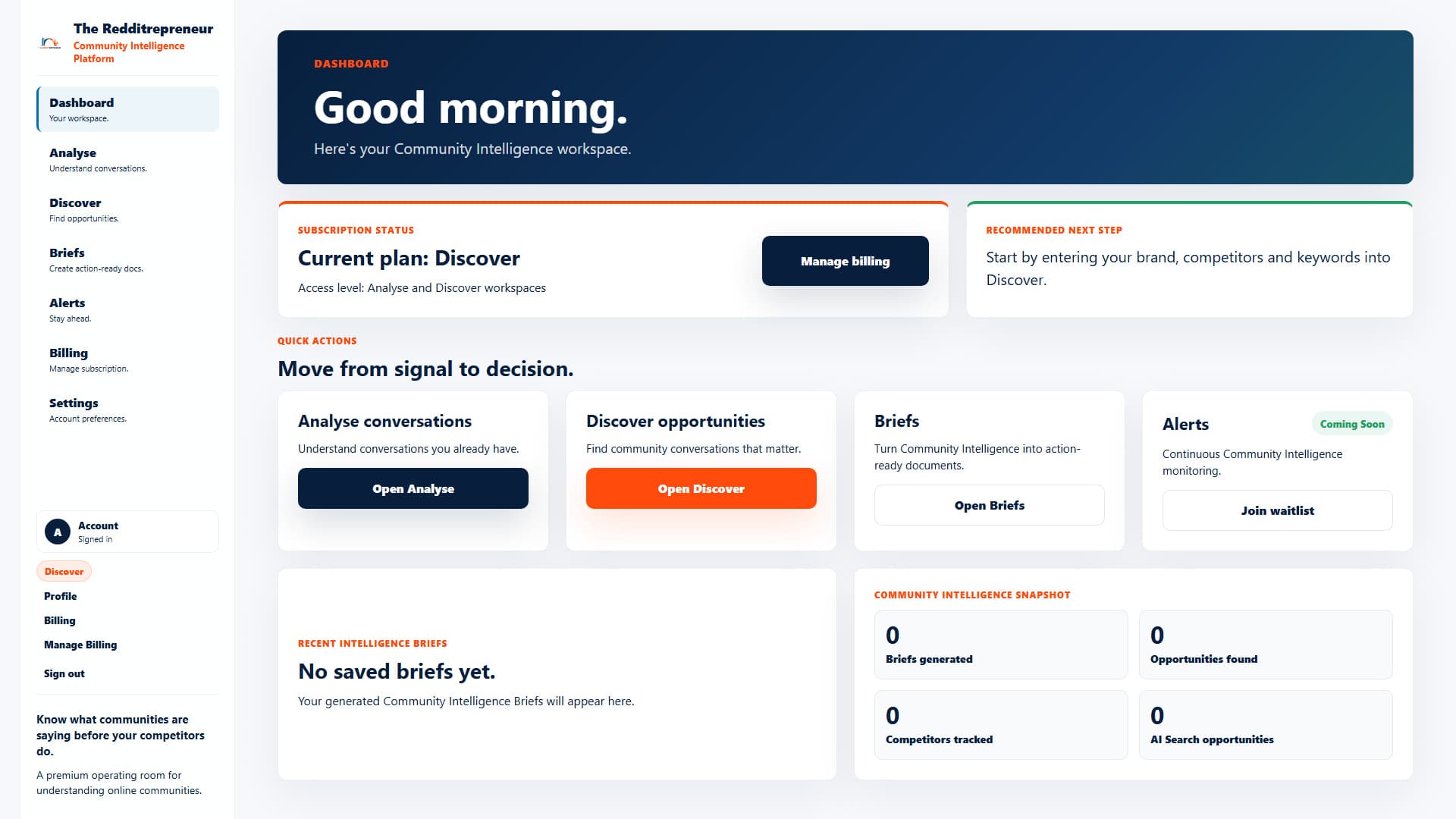 Dashboard showing Analyse, Discover, Briefs and Alerts in The Redditrepreneur platform