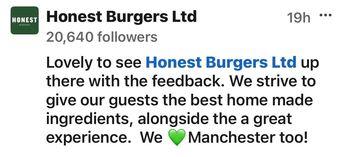 Honest Burgers LinkedIn comment responding positively to The Redditrepreneur's Community Intelligence Scorecard about burger restaurants in Manchester